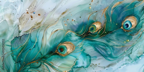This stunning abstract art features teal colors with gold accents, resembling vibrant peacock feathers