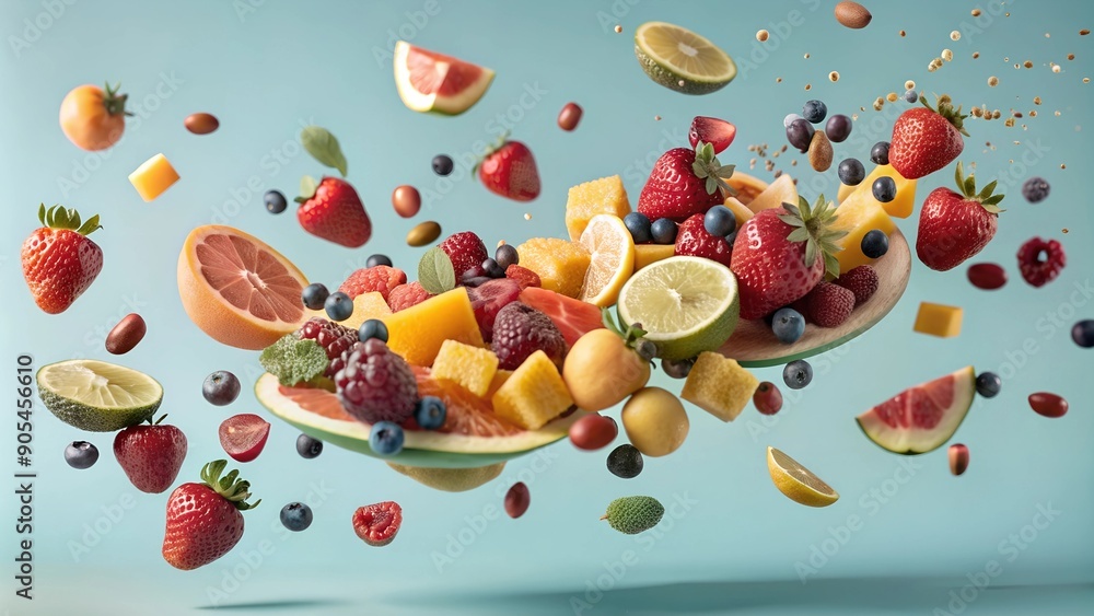 Pieces of fresh mixed fruits falling in flying and falling, isolated on a blue background. Close-up of berries in motion, whole juicy fruits and pieces, dynamic fruit background. Vitamin explosion Pieces of fresh mixed fruits falling in flying and falling, isolated on a blue background. Close-up of berries in motion, whole juicy fruits and pieces, dynamic fruit background. Vitamin explosion