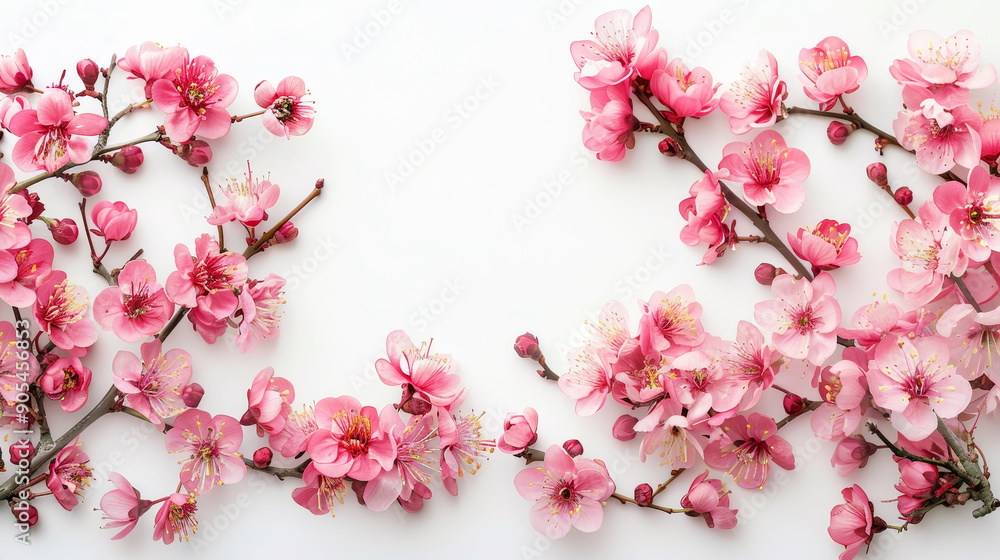 Pink Cherry Blossoms on left side isolated on a white background Pink Cherry Blossoms on left side isolated on a white background