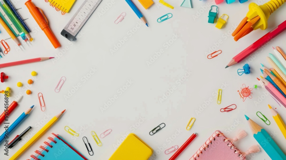 Background frame of colorful school supplies isolated on white iwith copy space. Back to school concept Background frame of colorful school supplies isolated on white iwith copy space. Back to school concept