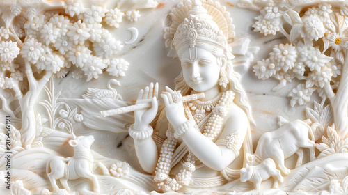 Beautiful white marble sculpture lord krishna playing flute religious sculpture hindu god handcrafted art spiritual background