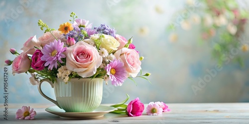 Beautiful bouquet of flowers in a delicate cup-shaped vase, flowers, vase, arrangement, flora, nature, decoration © lapeepon