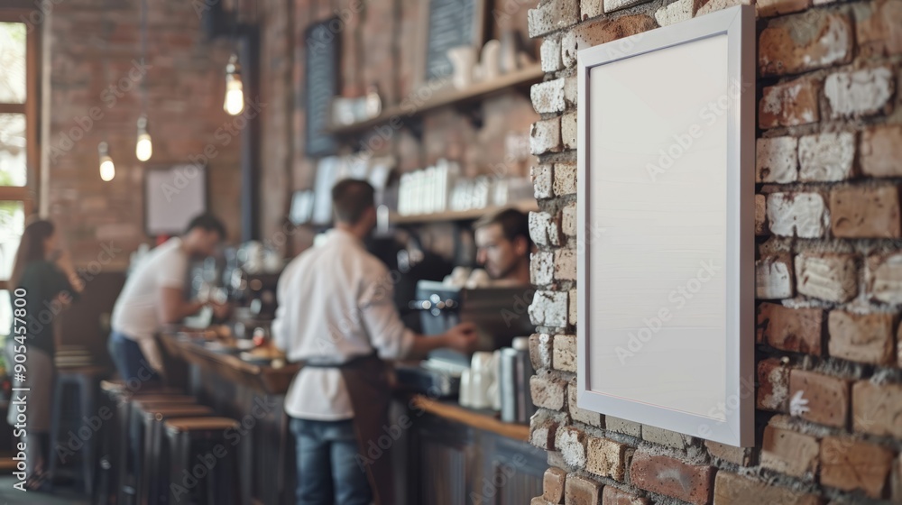 Cafe menu sign mockup. Blank advertisement poster on a brick wall, ideal for displaying food and beverage promotions in a bustling cafe setting. Cafe menu sign mockup. Blank advertisement poster on a brick wall, ideal for displaying food and beverage promotions in a bustling cafe setting.