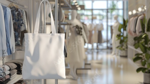 Wallpaper Mural Blank tote bag displayed in trendy boutique. A white tote bag hangs in a modern store, ready for branding and customization.  The blurred background suggests a fashion-forward environment. Torontodigital.ca