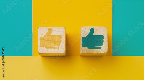 Success or approval. Wooden cubes with thumbs up symbol on colored background photo