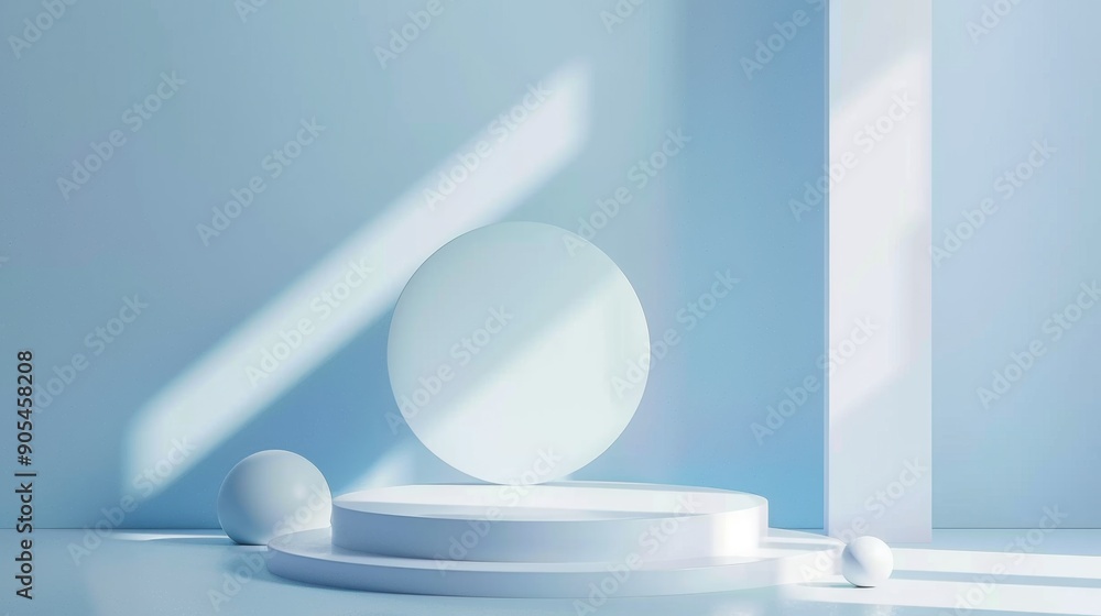 3d geometric forms. Blank podium display in pastel white blue color. Minimalist pedestal or showcase scene for present product and mock up 3d geometric forms. Blank podium display in pastel white blue color. Minimalist pedestal or showcase scene for present product and mock up