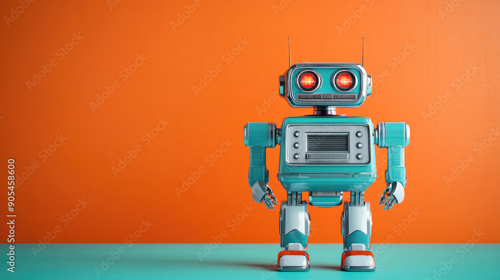 A charming retro robot stands against a vibrant orange background, showcasing a playful and nostalgic design. A charming retro robot stands against a vibrant orange background, showcasing a playful and nostalgic design.