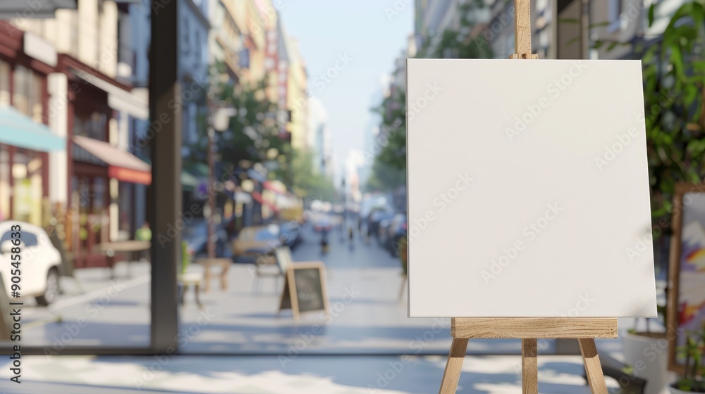 Blank canvas on easel in storefront window. Empty easel with blank canvas inside a modern storefront, overlooking a bustling city street, perfect for showcasing your art or design. Blank canvas on easel in storefront window. Empty easel with blank canvas inside a modern storefront, overlooking a bustling city street, perfect for showcasing your art or design.