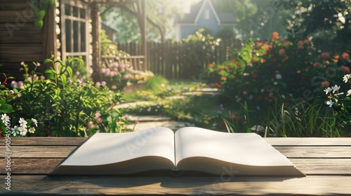 Open book in a serene garden. A blank notebook lays open on a rustic wooden table in a tranquil garden setting, bathed in the warm glow of morning sunlight.