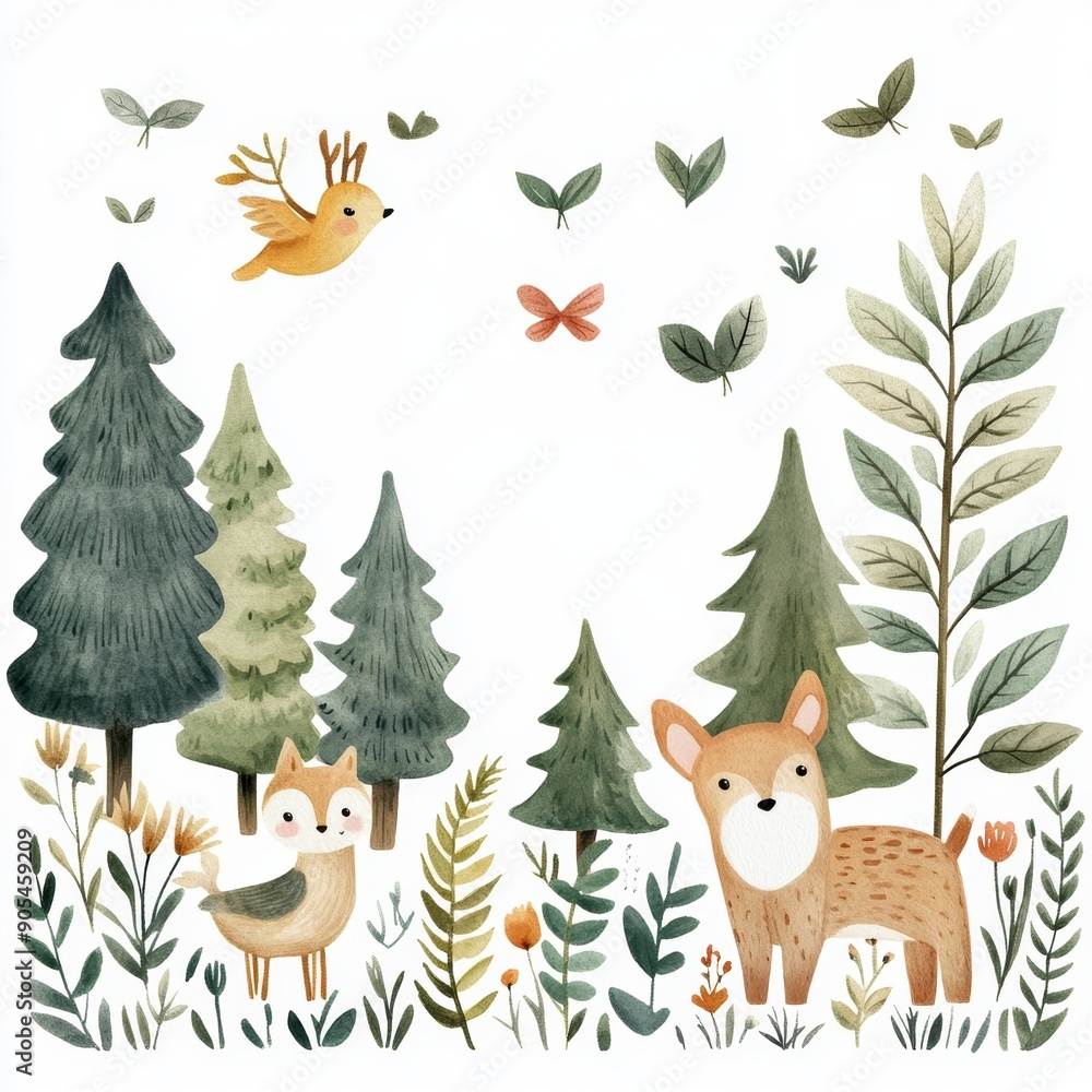 Enchanting Woodland Creatures in a Lush Forest Cartoon Enchanting Woodland Creatures in a Lush Forest Cartoon