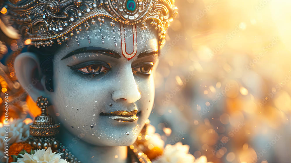 n God Krishna face with golden crown flowers and bokeh lights hindu religion spirituality culture tradition faith god devotional divine n God Krishna face with golden crown flowers and bokeh lights hindu religion spirituality culture tradition faith god devotional divine