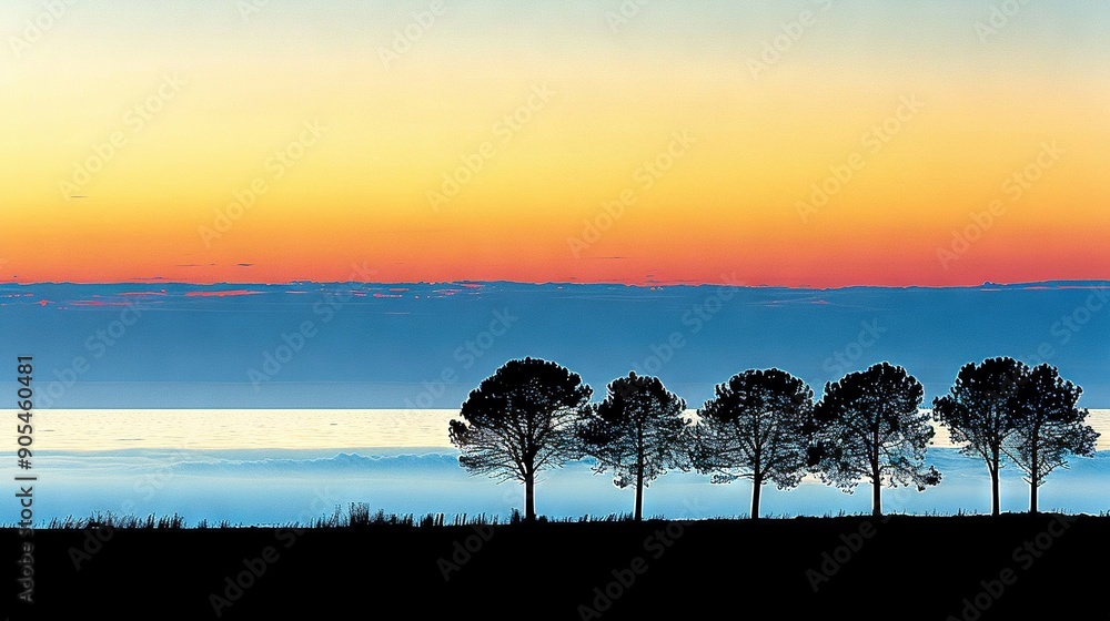 Obraz premium A picturesque group of trees rests atop a field beside a serene body of water, framed by a stunning sunset