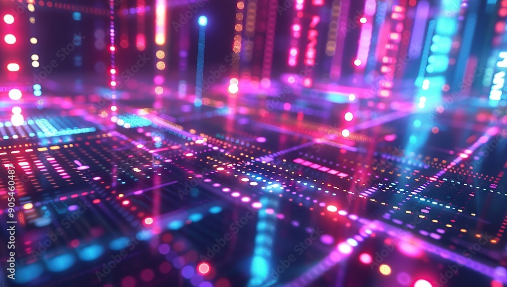 A digital background featuring an abstract grid of colorful light bars and glowing dot A digital background featuring an abstract grid of colorful light bars and glowing dot