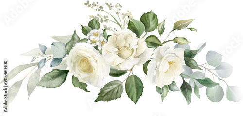 Watercolor white flowers arrangement. Floral bouquet of creamy peony, ivory rose, sage green foliage,  greenery and eucalyptus leaves.  Hand painted illustration for wedding invitation, background photo