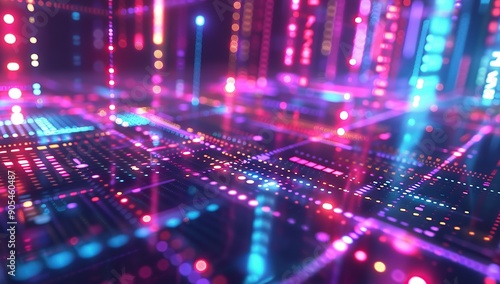 A digital background featuring an abstract grid of colorful light bars and glowing dot