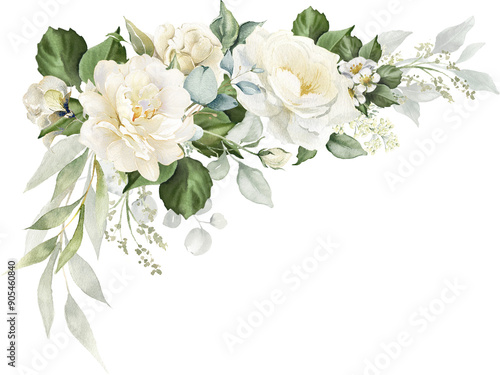 Watercolor white flowers corner border. Floral bouquet of creamy peony, ivory rose, sage green foliage,  greenery and eucalyptus leaves.  Hand painted illustration for wedding invitation, background