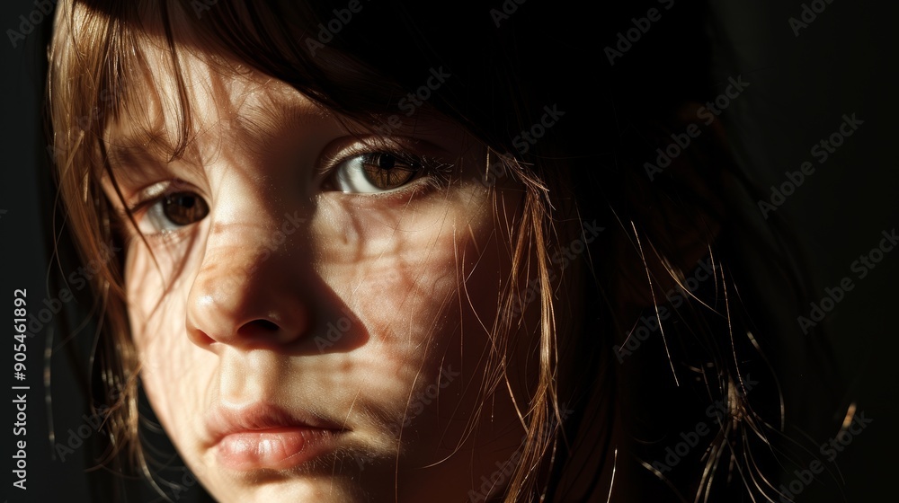 Dramatic close-up portrait of a sad little girl with shadows on her face, depicting loneliness and emotional struggles in childhood Dramatic close-up portrait of a sad little girl with shadows on her face, depicting loneliness and emotional struggles in childhood