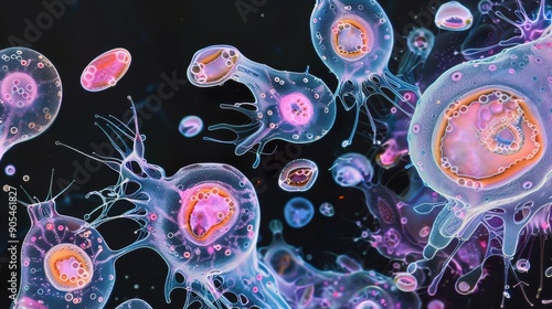 Illustrate a microscopic view of amoeba in various stages of movement and feeding, highlighting their pseudopodia