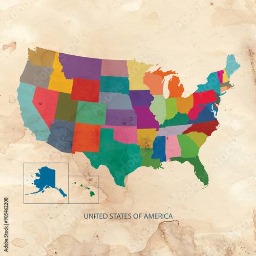 USA MAP color on vintage old paper
