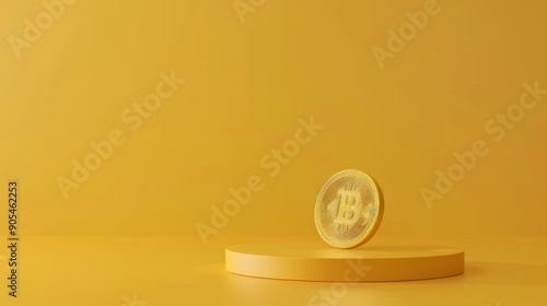3d rendering of minimal scene of blank podium with cryptocurrency bitcoin theme. Display stand for product presentation mock up. Cylinder stage in cryptocurrency bitcoin color with simple design