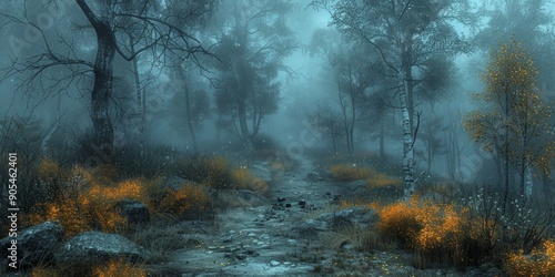 Spooky forest path for National Haunted Path Day, October 24th, eerie ambiance, night setting, Halloween spirit photo