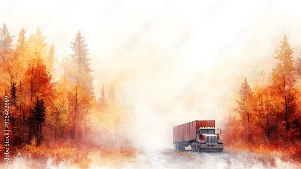 A red semi-truck drives through a foggy forest with fall foliage. The truck is in the foreground with the forest in the background. The image is painted in a watercolor style. A red semi-truck drives through a foggy forest with fall foliage. The truck is in the foreground with the forest in the background. The image is painted in a watercolor style.