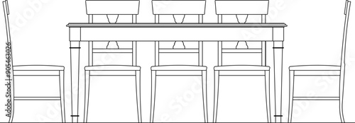 Vector sketch illustration of family dining room table and chair furniture design drawing in home interior 