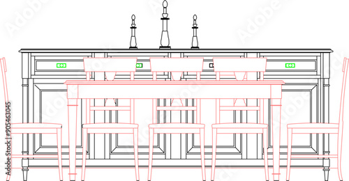 Vector sketch illustration of family dining room table and chair furniture design drawing in home interior