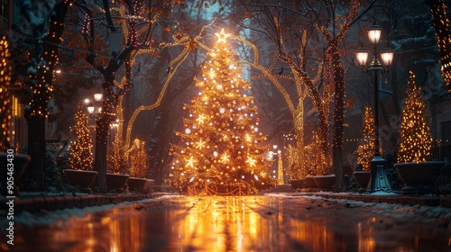 A Beautifully Lit Christmas Tree Surrounded by Festive Lights in a City Park at Night