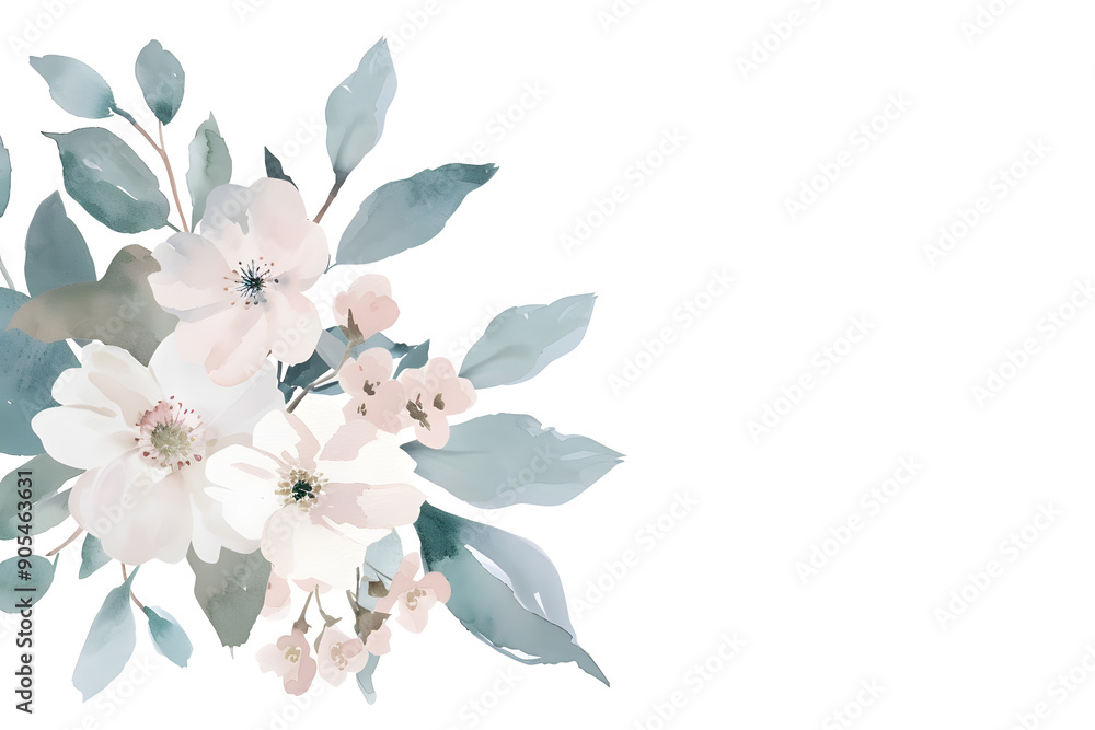 Fototapeta premium Watercolor pastel flowers frame on white background with copy space for text. Invitation wedding card
