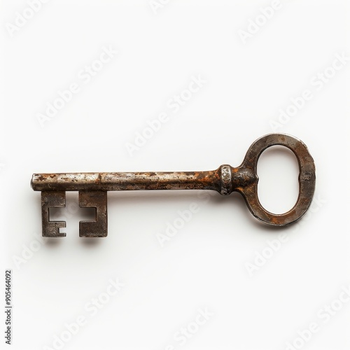 Medium shot of old key, isolated on a white background, bright and vivid tonality 