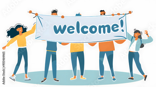 Welcome. Welcome illustrated banner. Welcome to the team. Illustration of people holding banner with the word photo