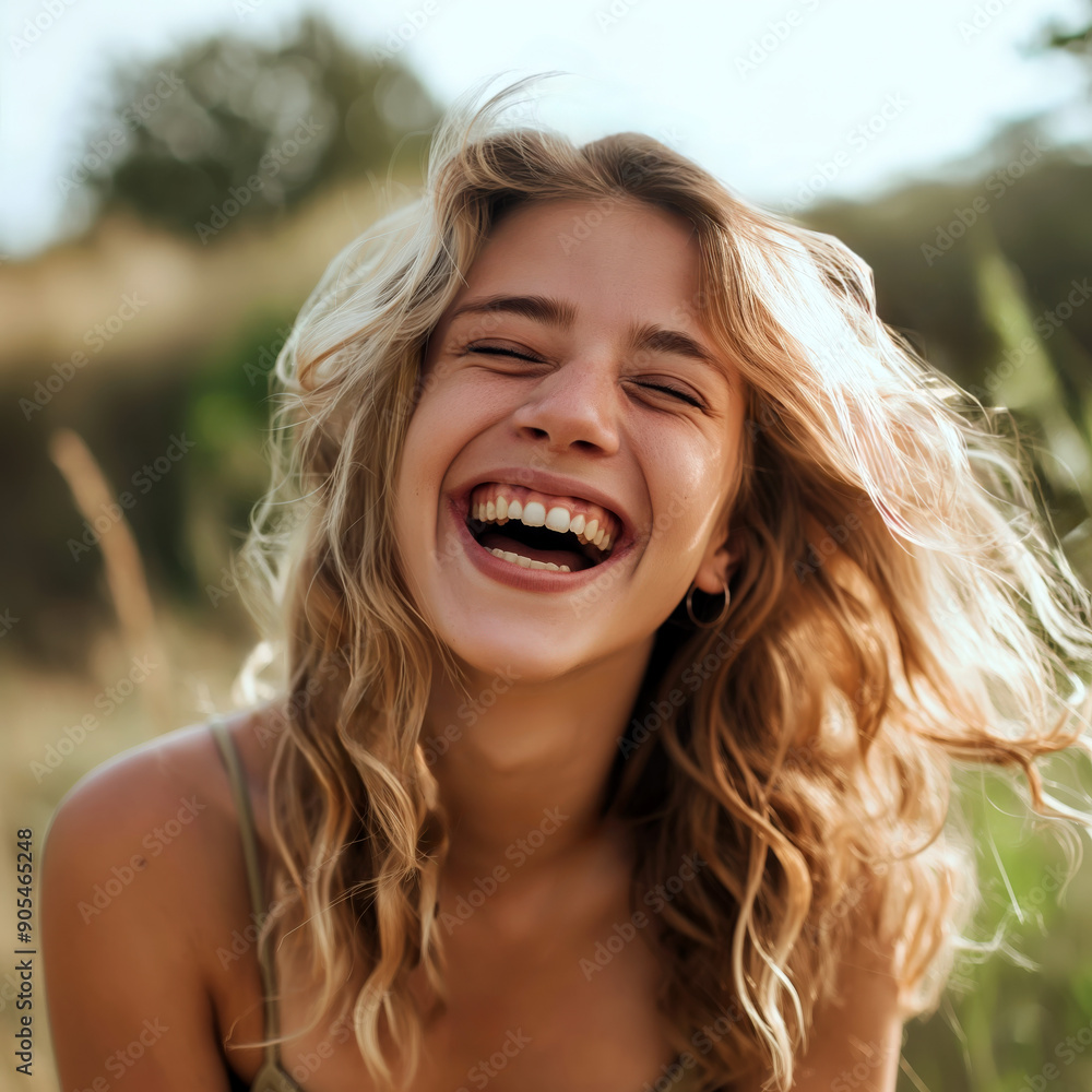 close-up eye level shot photograph of blonde girl laughing in a green field outdoors on a sunny day close-up eye level shot photograph of blonde girl laughing in a green field outdoors on a sunny day