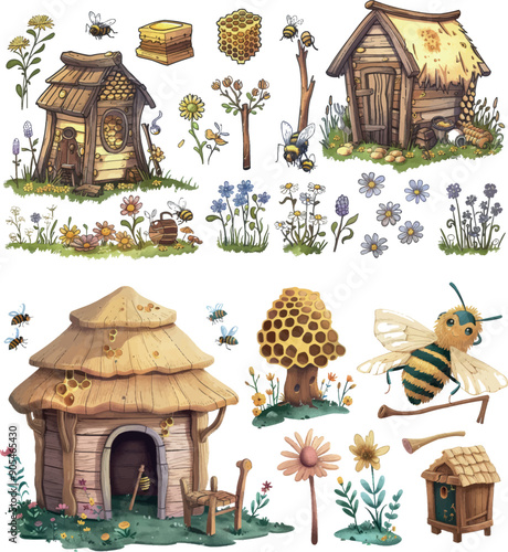 Modern illustration set with hand-drawn honeybees, bee comb and vintage beekeeping farm. Detailed engraving of a beekeeper.