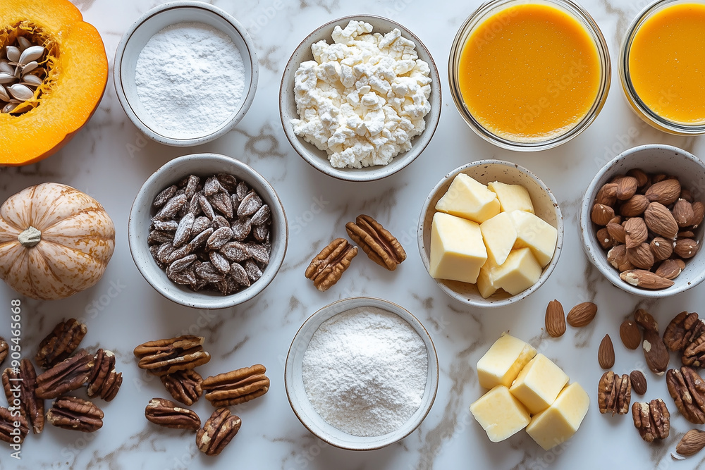 Ingredients for pumpkin pie laid out on a counter Ingredients for pumpkin pie laid out on a counter