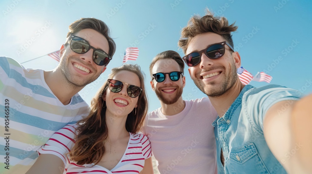 Four friends take a selfie with American flags, smiling and enjoying a sunny day. Four friends take a selfie with American flags, smiling and enjoying a sunny day.