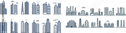 Modern linear illustration of a city landscape with high-rise buildings and skyscrapers. Urban street plan.