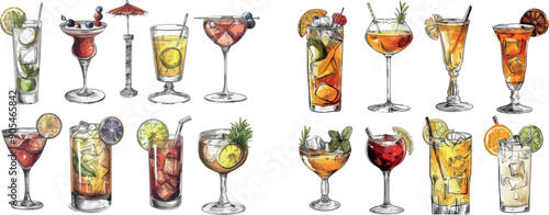 Drinks for restaurant, cafe, bar menu. Set of hand-drawn cocktails. Alcoholic drinks in glasses. Cocktails, champagne, pina coladas, strawberry mojitos, wines for restaurant, cafe, bar menus.