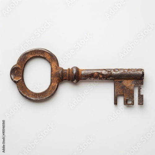 Medium shot of old key, isolated on a white background, bright and vivid tonality 