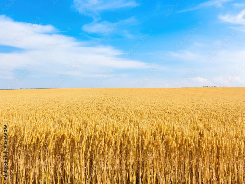 Golden wheat field stretching to horizon under bright blue summer sky Golden wheat field stretching to horizon under bright blue summer sky