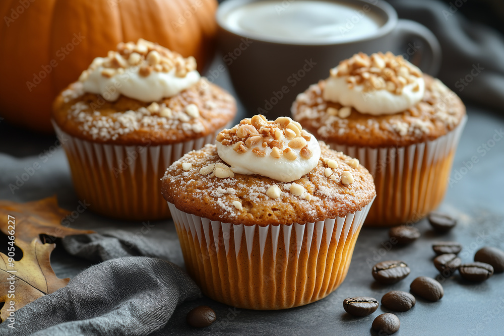 Freshly baked pumpkin muffins with a cup of coffee Freshly baked pumpkin muffins with a cup of coffee