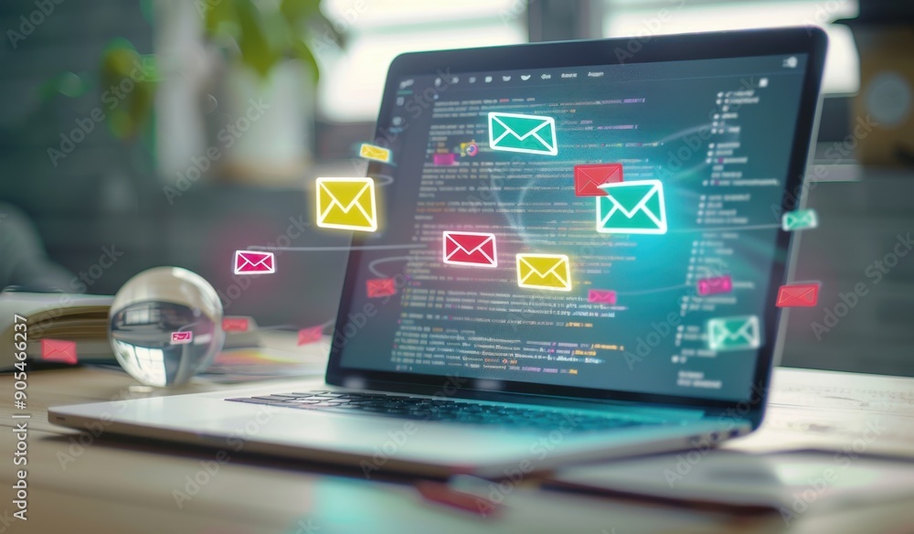 Fototapeta premium A laptop on the desk with an open advertising campaign for email marketing, showing icons of new messages Generative AI
