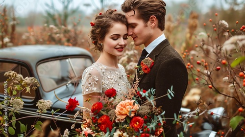 Romantic wedding portrait of a bride and groom with golden sunset light. photo