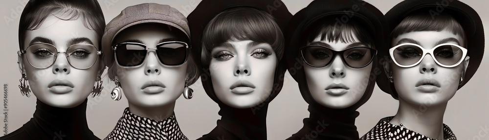 Five stylish women in sunglasses and hats pose for a photo shoot. Retro fashion. Five stylish women in sunglasses and hats pose for a photo shoot. Retro fashion.