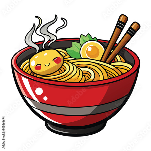 Cartoon illustration of a bowl of ramen noodles with chopsticks