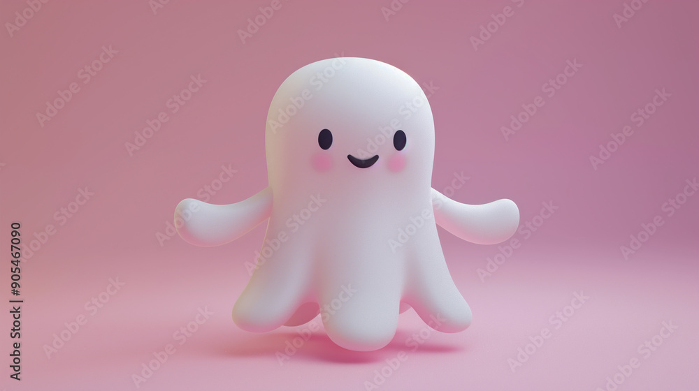 Obraz premium A white ghost with a smile on its face is floating in the air. The ghost has a happy expression, and it is enjoying its time in the air