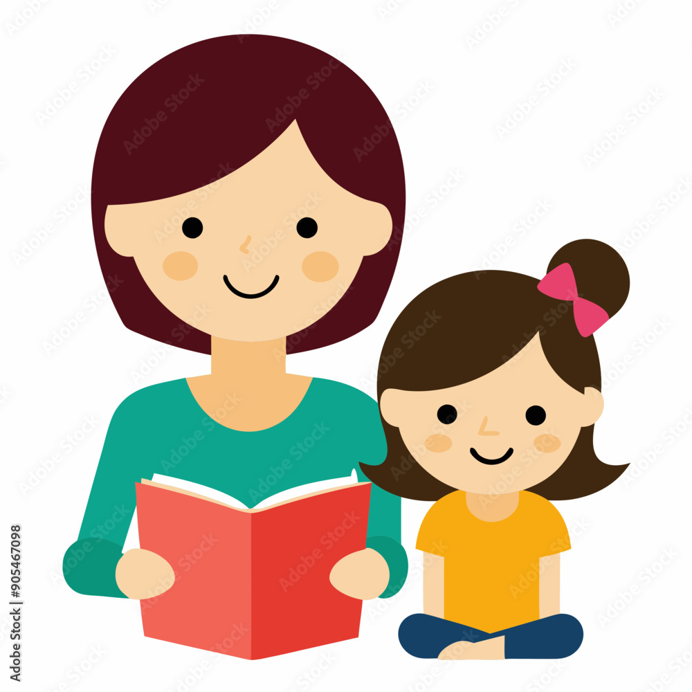cute girl read books with mom vector illustration cute girl read books with mom vector illustration