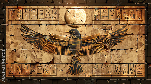 Golden falcon spreading its wings on an ancient egyptian wall with hieroglyphics and the moon shining above
