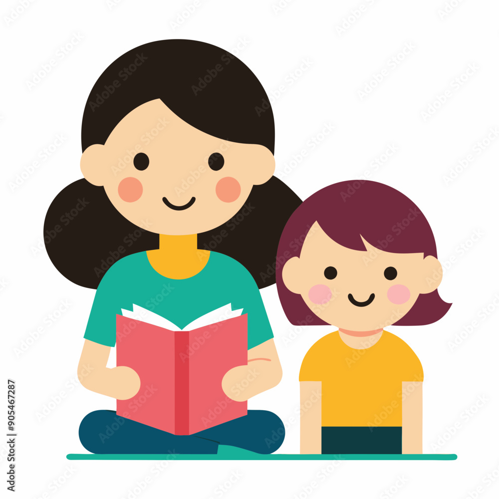 cute girl read books with mom vector illustration cute girl read books with mom vector illustration