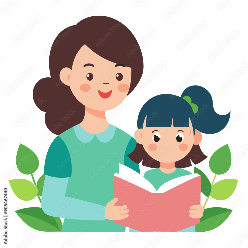 cute girl read books with mom vector illustration cute girl read books with mom vector illustration